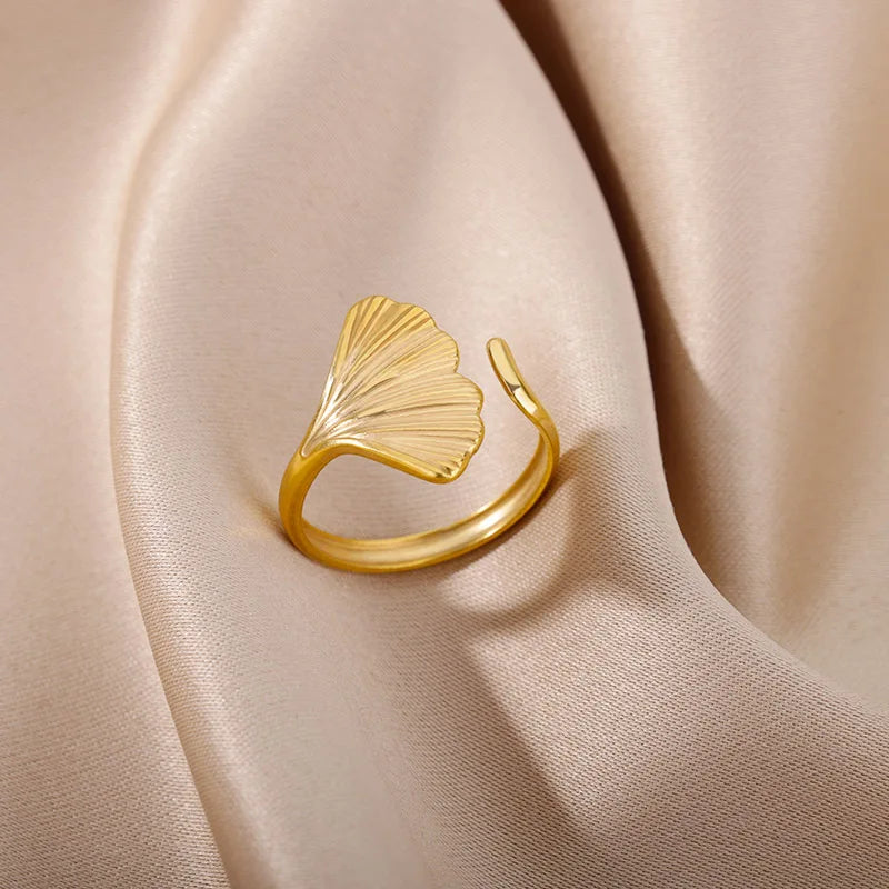 Vintage Ginkgo Leaf Rings For Women Stainless Steel Adjustable Open Finger Ring 2024 New Wedding Aesthetic Jewerly anillos mujer