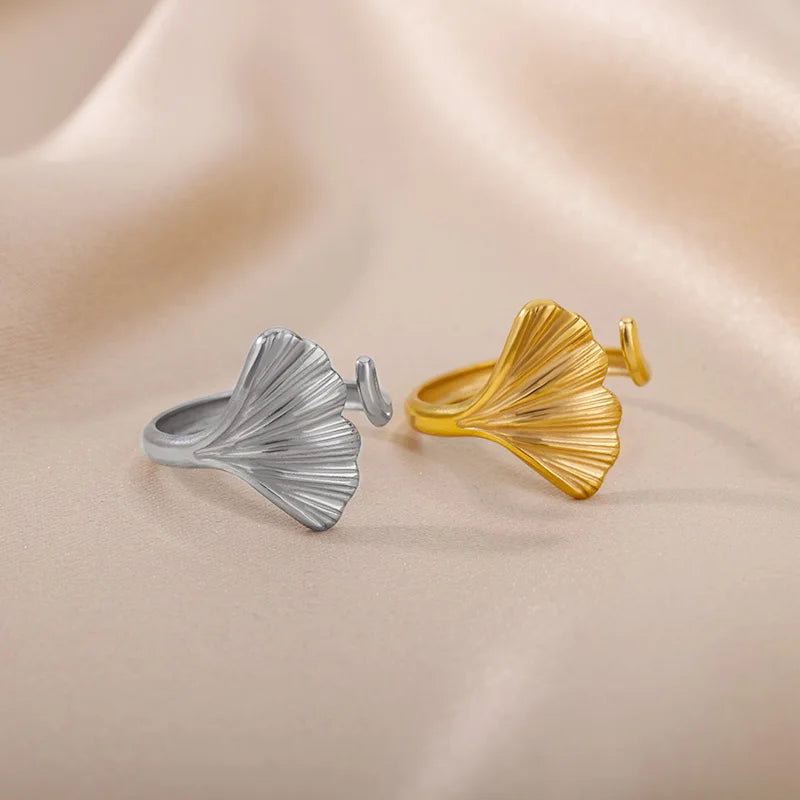 Vintage Ginkgo Leaf Rings For Women Stainless Steel Adjustable Open Finger Ring 2024 New Wedding Aesthetic Jewerly anillos mujer
