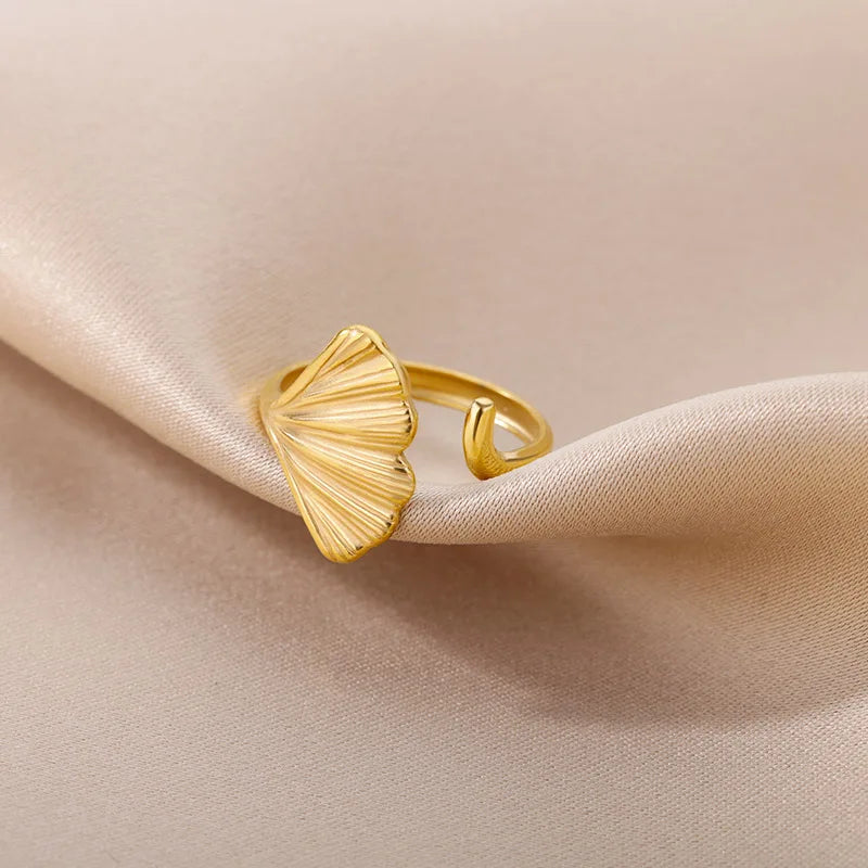 Vintage Ginkgo Leaf Rings For Women Stainless Steel Adjustable Open Finger Ring 2024 New Wedding Aesthetic Jewerly anillos mujer