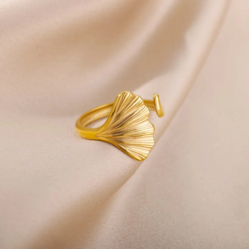 Vintage Ginkgo Leaf Rings For Women Stainless Steel Adjustable Open Finger Ring 2024 New Wedding Aesthetic Jewerly anillos mujer