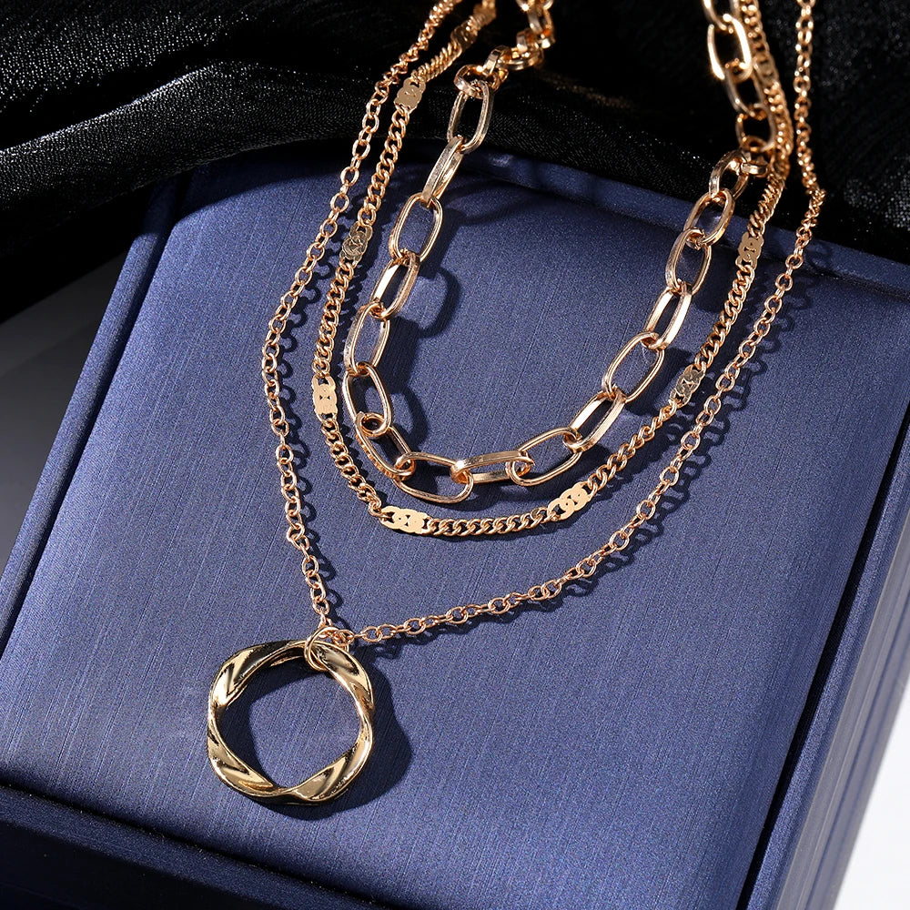 IPARAM Gold Color Multi Layered Chains Necklace for Women Girls Circle Pendant Vintage Necklaces Fashion Jewelry Gifts